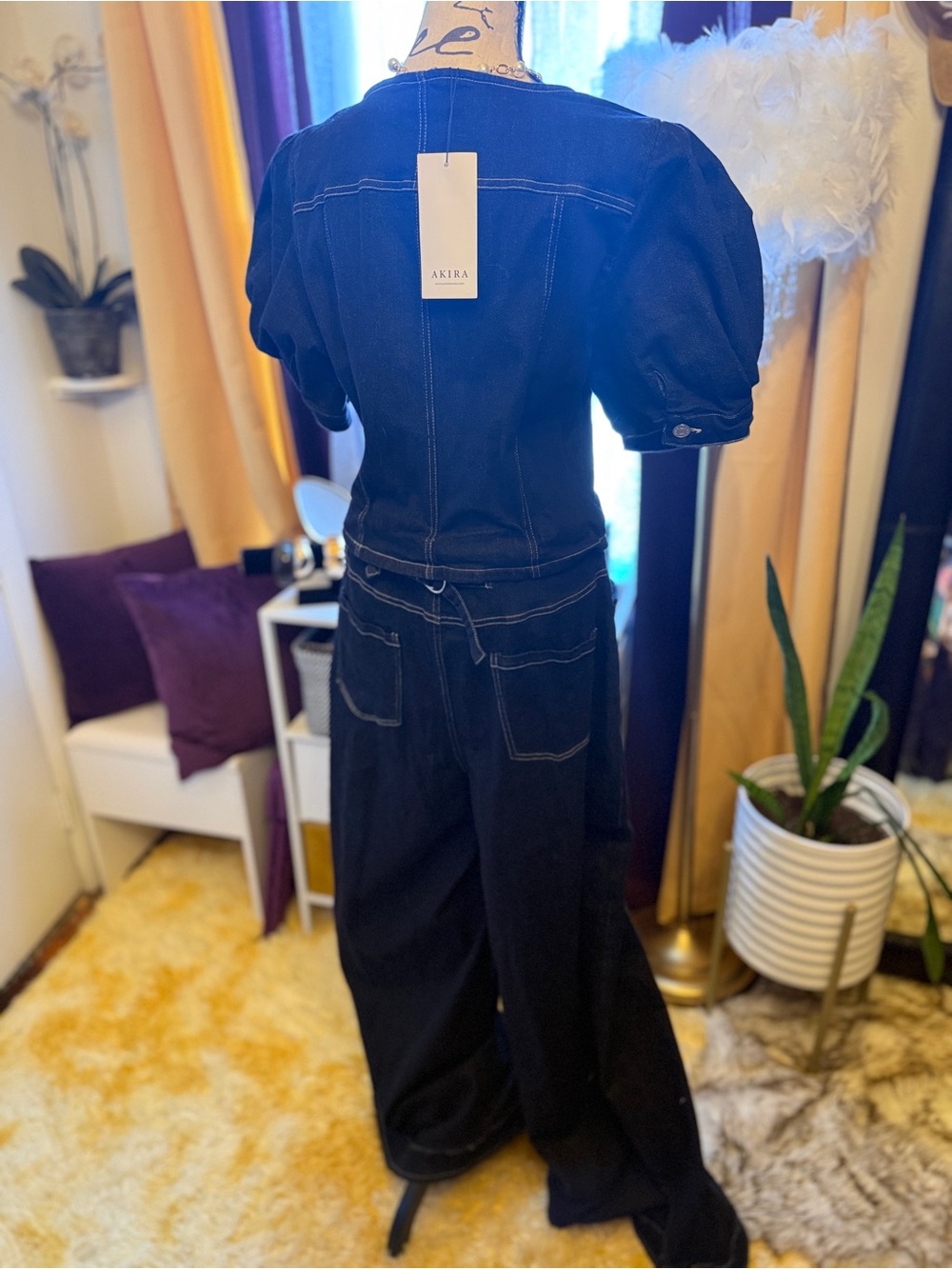 Dark Denim Puff Sleeve V-Neck Jumpsuit - Picture 3 of 4